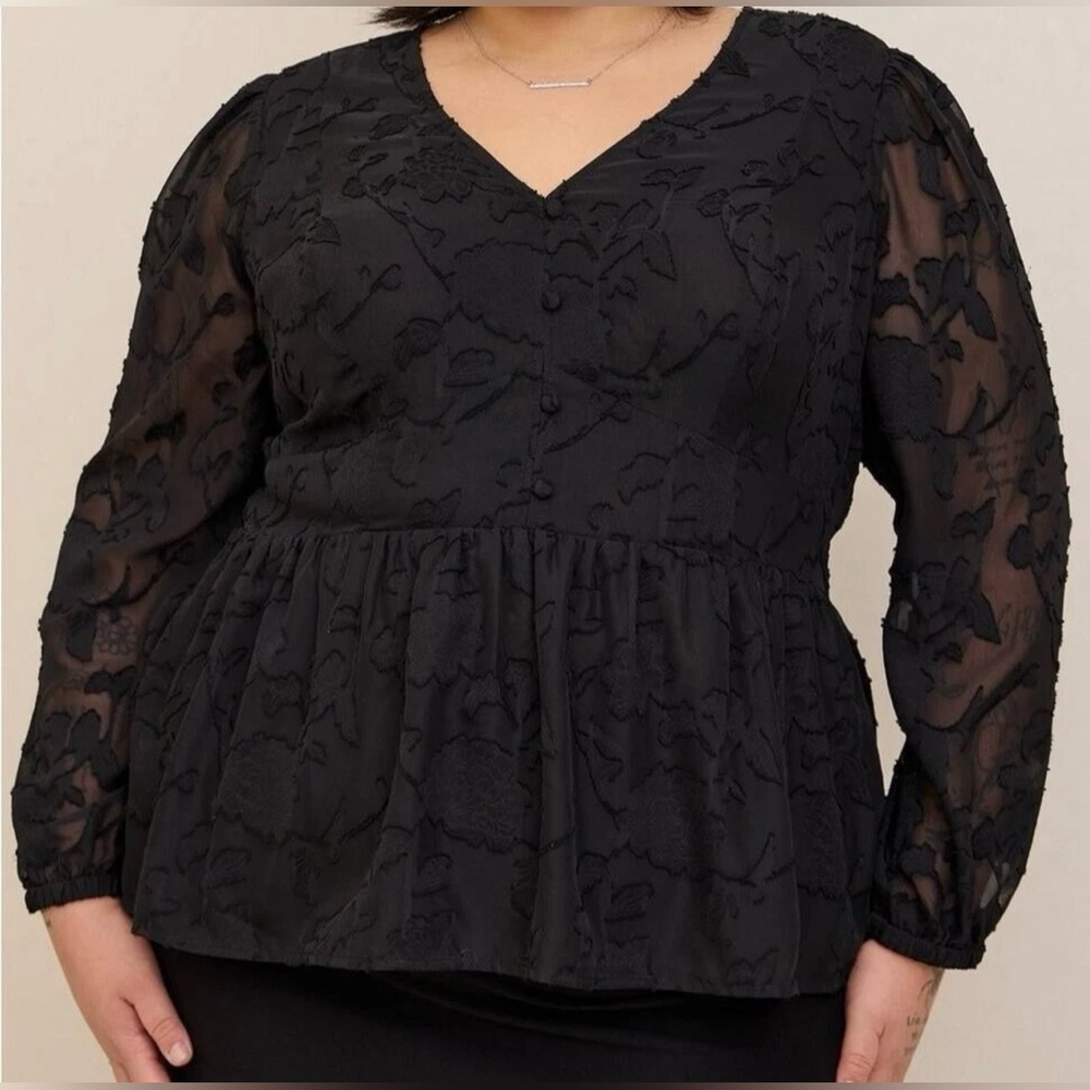 NWT Women’s Plus TORRID Black Floral Sheer Goth Whimsigoth PEPLUM CHIFFON Top 3X